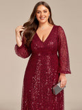 A-Line Sparkly Plus Size V-Neck Long Sleeves Sequin Evening Dress