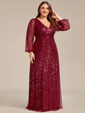 A-Line Sparkly Plus Size V-Neck Long Sleeves Sequin Evening Dress