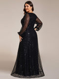 A-Line Sparkly Plus Size V-Neck Long Sleeves Sequin Evening Dress