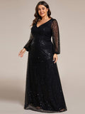 A-Line Sparkly Plus Size V-Neck Long Sleeves Sequin Evening Dress
