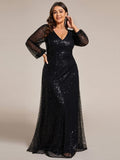 A-Line Sparkly Plus Size V-Neck Long Sleeves Sequin Evening Dress
