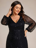 A-Line Sparkly Plus Size V-Neck Long Sleeves Sequin Evening Dress