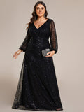 A-Line Sparkly Plus Size V-Neck Long Sleeves Sequin Evening Dress