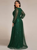 A-Line Sparkly Plus Size V-Neck Long Sleeves Sequin Evening Dress