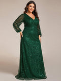 A-Line Sparkly Plus Size V-Neck Long Sleeves Sequin Evening Dress