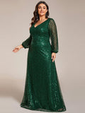 A-Line Sparkly Plus Size V-Neck Long Sleeves Sequin Evening Dress