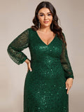 A-Line Sparkly Plus Size V-Neck Long Sleeves Sequin Evening Dress