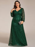 A-Line Sparkly Plus Size V-Neck Long Sleeves Sequin Evening Dress