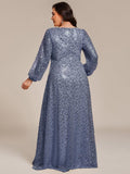 A-Line Sparkly Plus Size V-Neck Long Sleeves Sequin Evening Dress