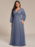A-Line Sparkly Plus Size V-Neck Long Sleeves Sequin Evening Dress
