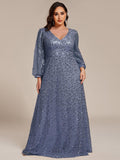 A-Line Sparkly Plus Size V-Neck Long Sleeves Sequin Evening Dress