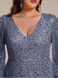 A-Line Sparkly Plus Size V-Neck Long Sleeves Sequin Evening Dress