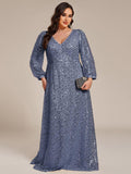 A-Line Sparkly Plus Size V-Neck Long Sleeves Sequin Evening Dress