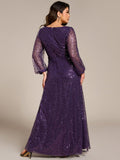 A-Line Sparkly Plus Size V-Neck Long Sleeves Sequin Evening Dress