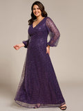 A-Line Sparkly Plus Size V-Neck Long Sleeves Sequin Evening Dress