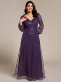 A-Line Sparkly Plus Size V-Neck Long Sleeves Sequin Evening Dress