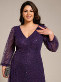 A-Line Sparkly Plus Size V-Neck Long Sleeves Sequin Evening Dress