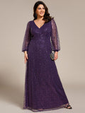 A-Line Sparkly Plus Size V-Neck Long Sleeves Sequin Evening Dress