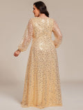 A-Line Sparkly Plus Size V-Neck Long Sleeves Sequin Evening Dress