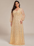 A-Line Sparkly Plus Size V-Neck Long Sleeves Sequin Evening Dress