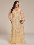 A-Line Sparkly Plus Size V-Neck Long Sleeves Sequin Evening Dress