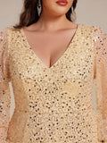A-Line Sparkly Plus Size V-Neck Long Sleeves Sequin Evening Dress