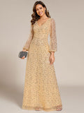 A-Line Sparkly Plus Size V-Neck Long Sleeves Sequin Evening Dress