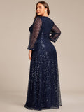A-Line Sparkly Plus Size V-Neck Long Sleeves Sequin Evening Dress