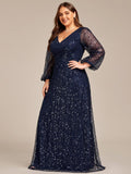 A-Line Sparkly Plus Size V-Neck Long Sleeves Sequin Evening Dress