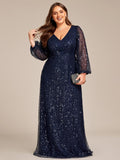 A-Line Sparkly Plus Size V-Neck Long Sleeves Sequin Evening Dress