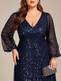 A-Line Sparkly Plus Size V-Neck Long Sleeves Sequin Evening Dress