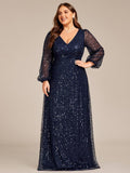 A-Line Sparkly Plus Size V-Neck Long Sleeves Sequin Evening Dress