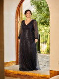A-Line Sparkly Plus Size V-Neck Long Sleeves Sequin Evening Dress