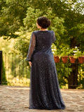A-Line Sparkly Plus Size V-Neck Long Sleeves Sequin Evening Dress