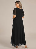 A-Line V-Neck Chiffon Short Sleeve Empire-Waist Applique Chiffon Formal Dress