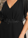 A-Line V-Neck Chiffon Short Sleeve Empire-Waist Applique Chiffon Formal Dress