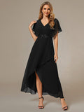 Elegant A-Line Waist Applique Ruffles Formal Dress with Short Sleeves