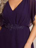 A-Line V-Neck Chiffon Short Sleeve Empire-Waist Applique Chiffon Formal Dress