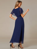 Elegant A-Line Waist Applique Ruffles Formal Dress with Short Sleeves