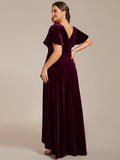 Plus Size Ruffles A-Line V-Neck Short Sleeves Velvet Evening Dress with Slit