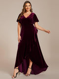 Plus Size Ruffles A-Line V-Neck Short Sleeves Velvet Evening Dress with Slit