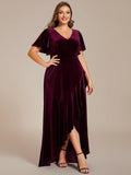 Plus Size Ruffles A-Line V-Neck Short Sleeves Velvet Evening Dress with Slit