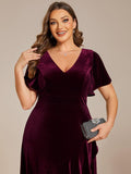 Plus Size Ruffles A-Line V-Neck Short Sleeves Velvet Evening Dress with Slit