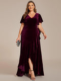 Plus Size Ruffles A-Line V-Neck Short Sleeves Velvet Evening Dress with Slit