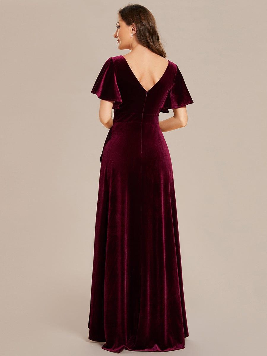 A-Line V-Neck Short Sleeves Empire-Waist Ruffles Velvet Evening Dress