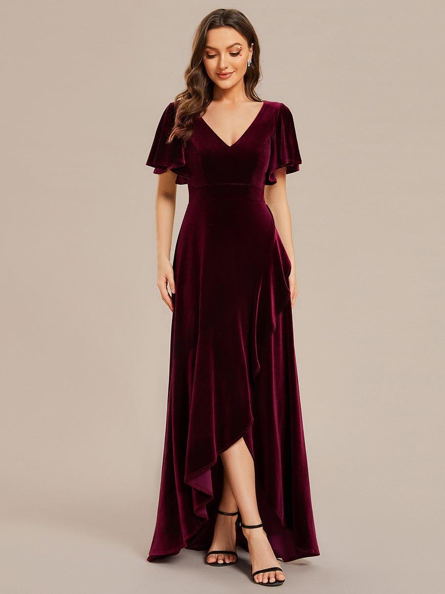 A-Line V-Neck Short Sleeves Empire-Waist Ruffles Velvet Evening Dress