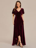 A-Line V-Neck Short Sleeves Empire-Waist Ruffles Velvet Evening Dress