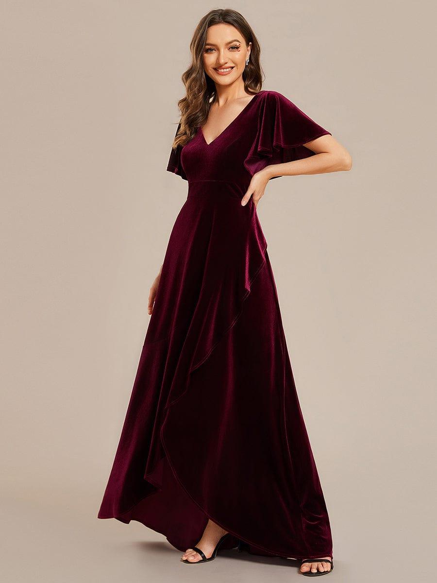 A-Line V-Neck Short Sleeves Empire-Waist Ruffles Velvet Evening Dress