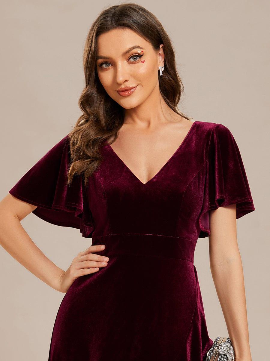 A-Line V-Neck Short Sleeves Empire-Waist Ruffles Velvet Evening Dress