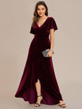 A-Line V-Neck Short Sleeves Empire-Waist Ruffles Velvet Evening Dress